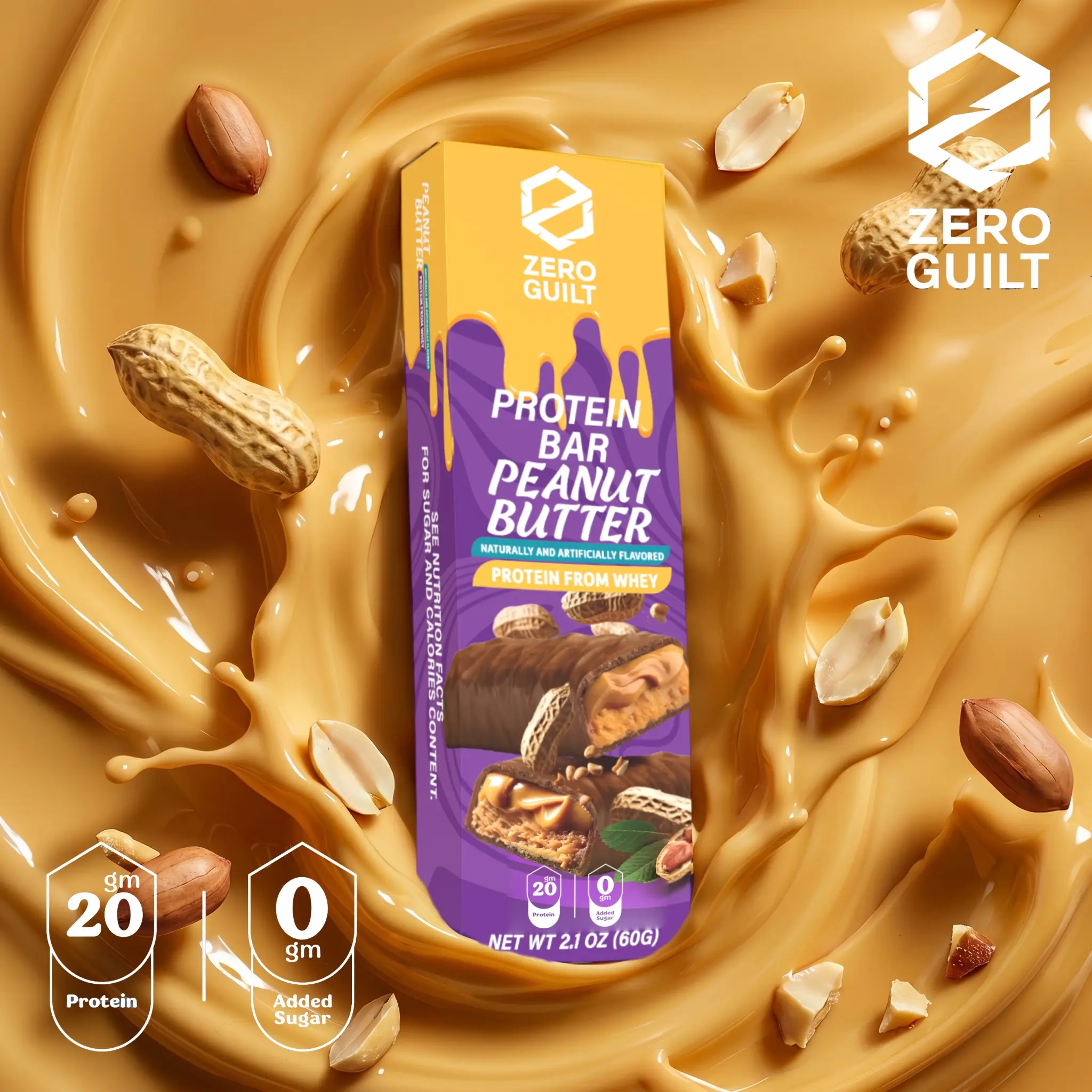 ZERO GUILT Peanut Butter 20G Protein Bar, ZERO Added Sugar, 60g Net Weight - 12 Pack, Snacks, Ready To Eat Snacks