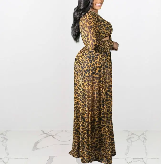 Women's High-Quality 2-Piece Cheetah Print Lace-Up Long Sleeve Top and Skirt Fashion Set, Adjustable Casual Chic Womenswear Clothing Set