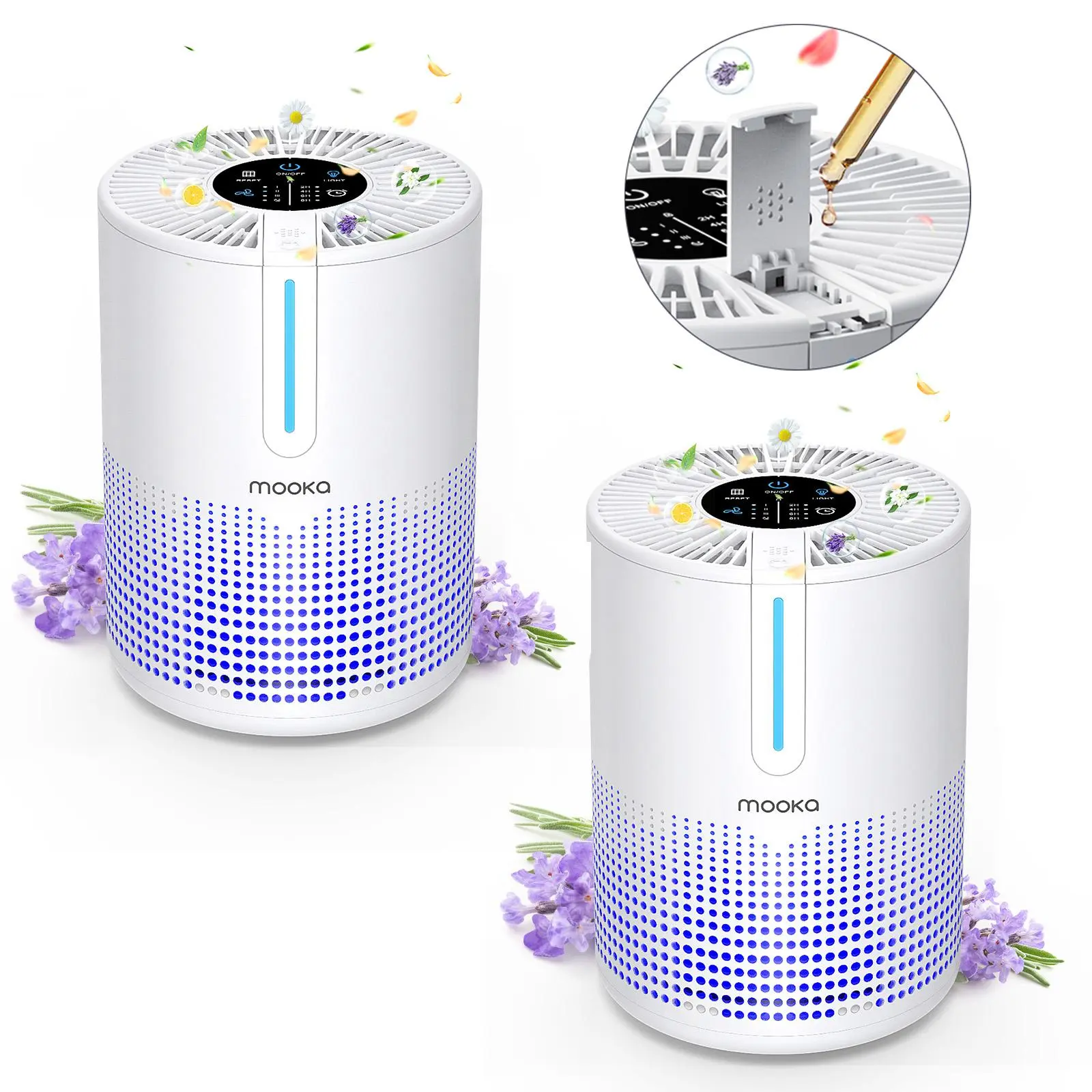 MOOKA 2-Pack Air Purifiers H13 HEPA Filter for Home Bedroom Up to 300Ft² with USB Cable, Night Light, 3-Stage High-Performance, 15dB Sleep Mode, 4 Fan Speeds, Pet & Smoke Removal, Travel-Friendly, M01,dorm essentials,home essentials