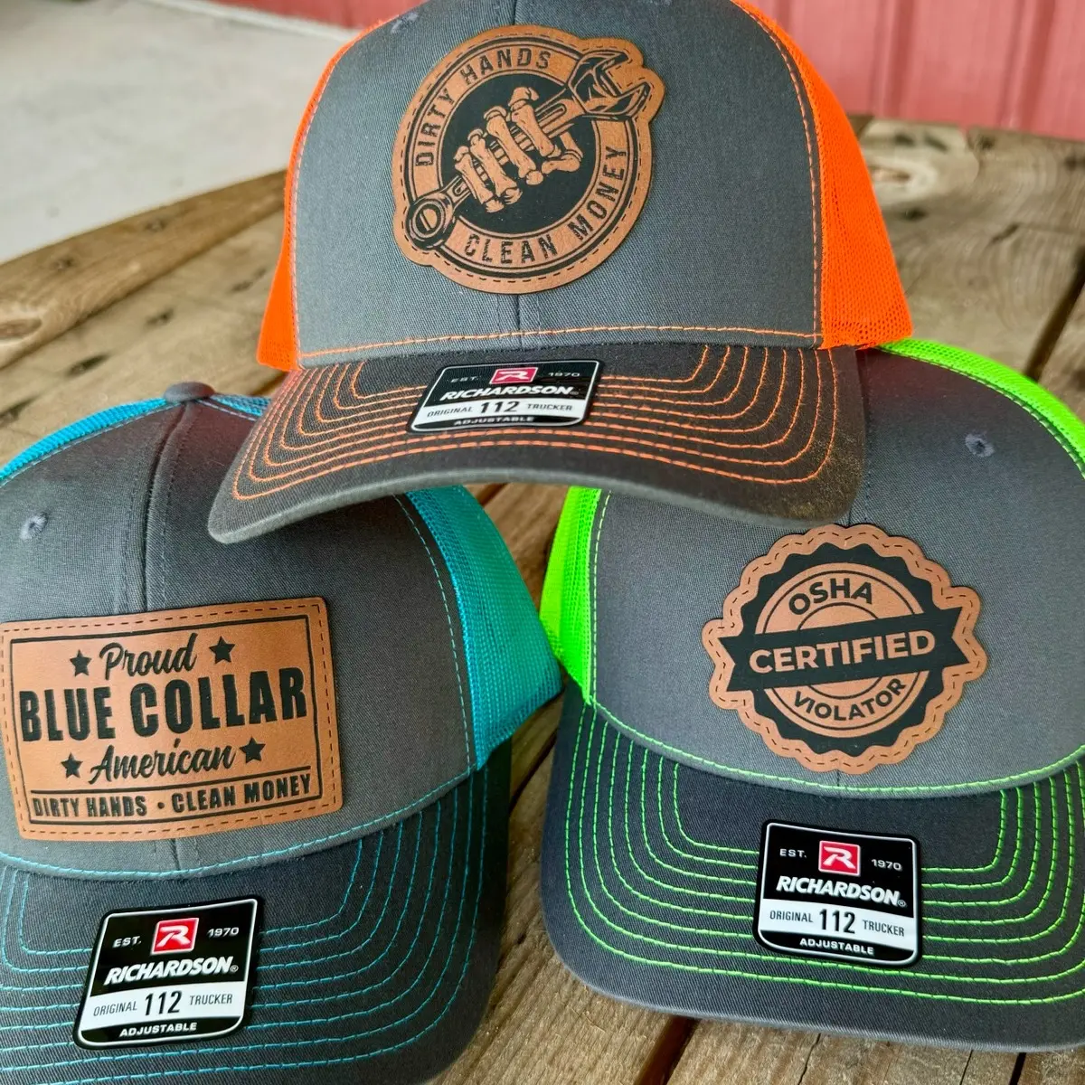Blue Collar Richardson 112 Patch Hat | Dirty Hands Clean Money Trucker Cap | Neon Safety Mesh Hat for Skilled Trades | Gift for Linemen, Welders & Construction Workers