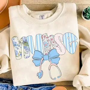 Preppy Nurse Floral Coquette Sweatshirt & Shirt, Nurse Blue Floral Graphic, Everyday, Stethoscope Bow, Custom Preppy Nurse Design T-Shirt