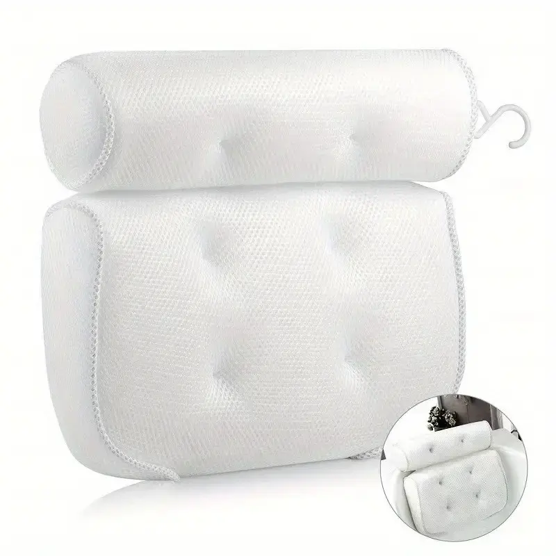 4D Hollow Mesh Bathtub Headrest Cushion - Contoured Shape Ergonomic Accessory, High-Density Fabric, Strong Suction Cups, Lightweight, Full Neck & Back Support, Quick-Dry Breathable, Hanging Hook for Home Bath Soaks, Bath Pillow
