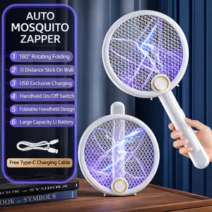 Electric Fly Swatter Foldable Bug Zapper Racket 2 in 1 Mosquito Killer with Purple Attractant Light Rechargeable for Indoor Home Backyard Patio Camping