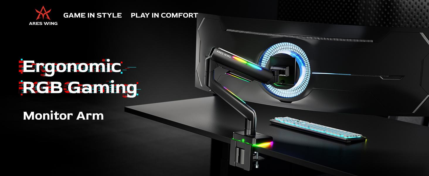 ARES WING Single/Dual Heavy Duty Monitor Arm for 49'' & 44 Lbs Ultrawide Screen, Compatible with Samsung Odyssey G9 and LG Monitor, RGB Desk Arm, 360 Rotation Adjustable Single Mount