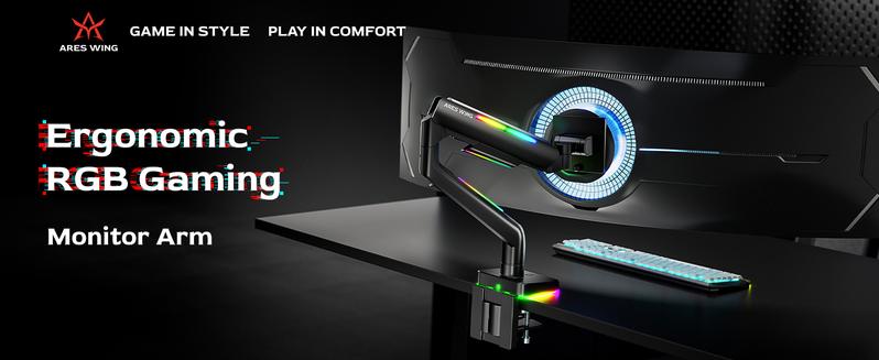 ARES WING Heavy Duty Single Monitor Arm for 49'' & 44 Lbs Ultrawide Screen, Compatible with Samsung Odyssey G9 and LG Monitor, RGB Desk Arm, 360 Rotation Adjustable Single Mount