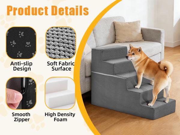 Dog Stairs Ramp for Small Dogs and Cats 5-Step Curved Pet Steps with High-Density Foam for Puppy and Older Cats Indoor Ramp Stairs for Couch High Beds Sofa Chairs Grey