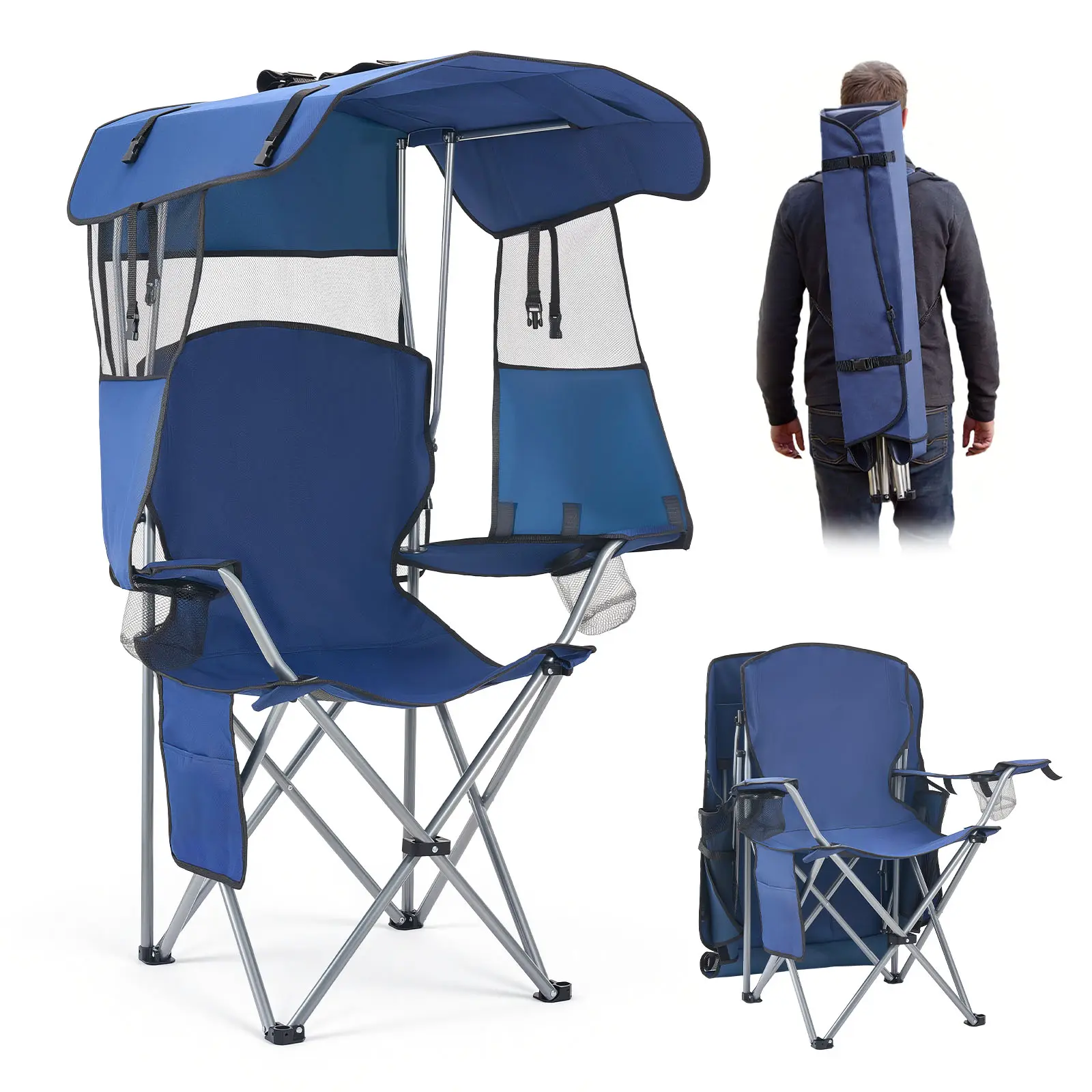 【SummerFinds】VEVOR Heavy-Duty Folding Camping Chair with UPF 50 Canopy, Supports 330 lbs, Converts to Wearable Backpack, 600D Oxford with Cup Holders for Outdoor Fishing, Deep Blue, Father's Day Gift, Father's Day Gifts, Chairs