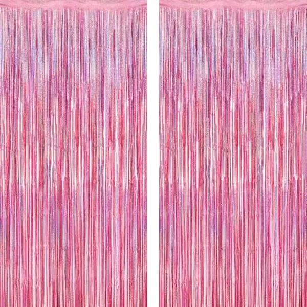 2 Pack Glitter Pink Backdrop, 3.28 FT x 7.05 FT Birthday Party Decorations, Laser Pink Fringe Curtains Foil Streamer Tinsel, Pink Curtains Photo Backdrop Happy Birthday Valentines Day Backdrop