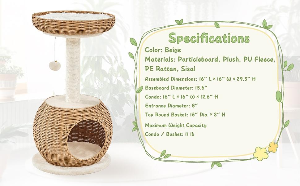 【On Sale】Yaheetech 54in Rattan Cat Tree Tower with Luxury Woven Condo, Clear Bowl, Washable Cushions, and Scratching Posts, Cat Furniture for Indoor Cats
