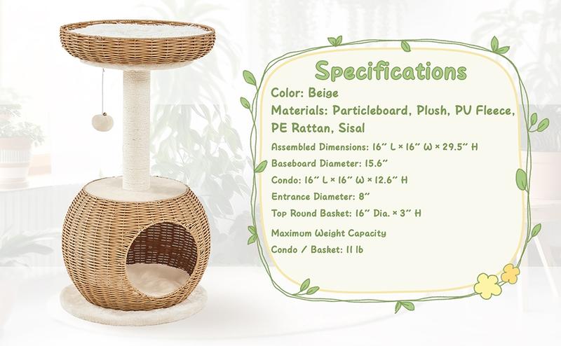 【Valentine Gift】Yaheetech 54in Rattan Cat Tree Tower with Luxury Woven Condo, Clear Bowl, Washable Cushions, and Scratching Posts, Cat Furniture for Indoor Cats