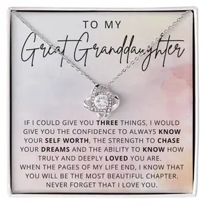 Gift for Great Granddaughter Gift Set | Love Knot Necklace 14k White Gold or 18k Yellow Gold CZ Pendant 18-22" Adjustable Chain Gift for Great Granddaughter