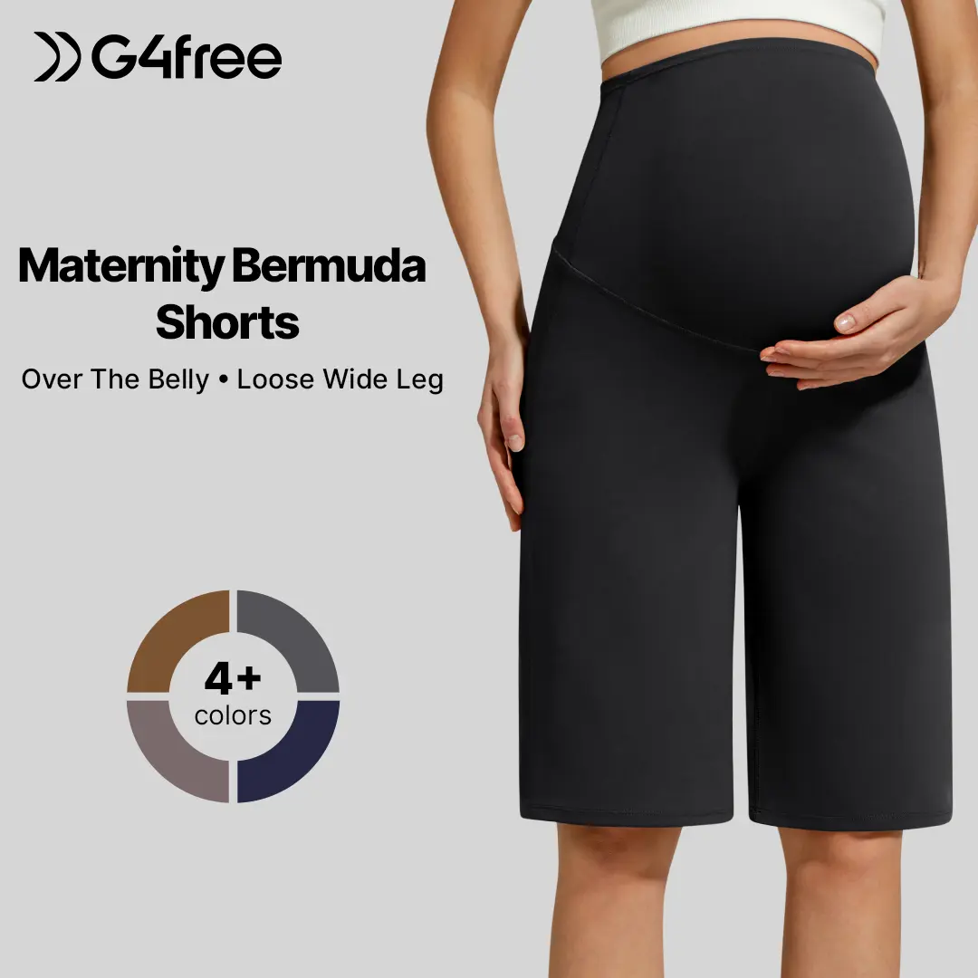 G4Free BareFeel Women's Over-The-Belly Maternity Bermuda Shorts, Loose Wide Leg Bottoms for Pregnancy Workout & Casual Wear