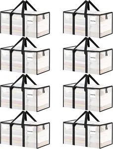 8 Pack Extra Large Moving Bags with Zippers & Reinforced Handles, Heavy Duty Clear Storage Bags with Lids for Clothes, Moving, Dorm, College Packing
