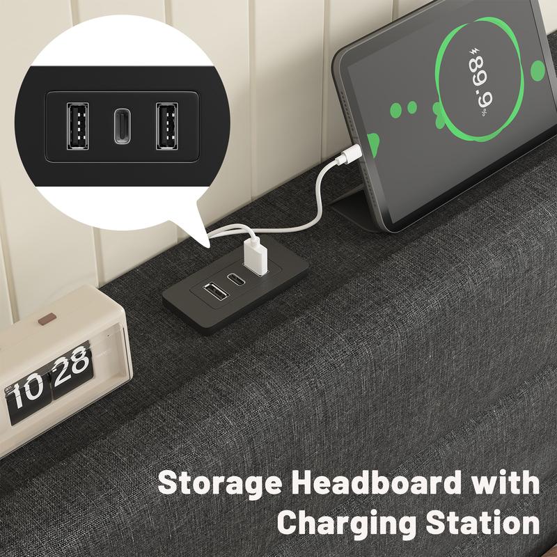 【The First Best Bed For Teens】Raybee Bed Frame Upholstered Headboard Height Adjustable Wavy Line Top Storage Shelf & USB Type-C Charging Noise-Free,Easy Assemble & Clean,Qeen Beige,Cream,Gray,King,Full