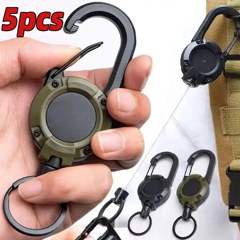 5-Pack Heavy Duty Retractable Keychain Reel with Keychain Lanyard, Steel Wire Rope Resists Daily Wear, 4*12.5cm Plastic Quick Clip-On Grab and Go Carabiner, 60cm Cord, Sturdy Aluminum Snap Lock Auto-Wind for Work, Fishing Gear, Pull Keys