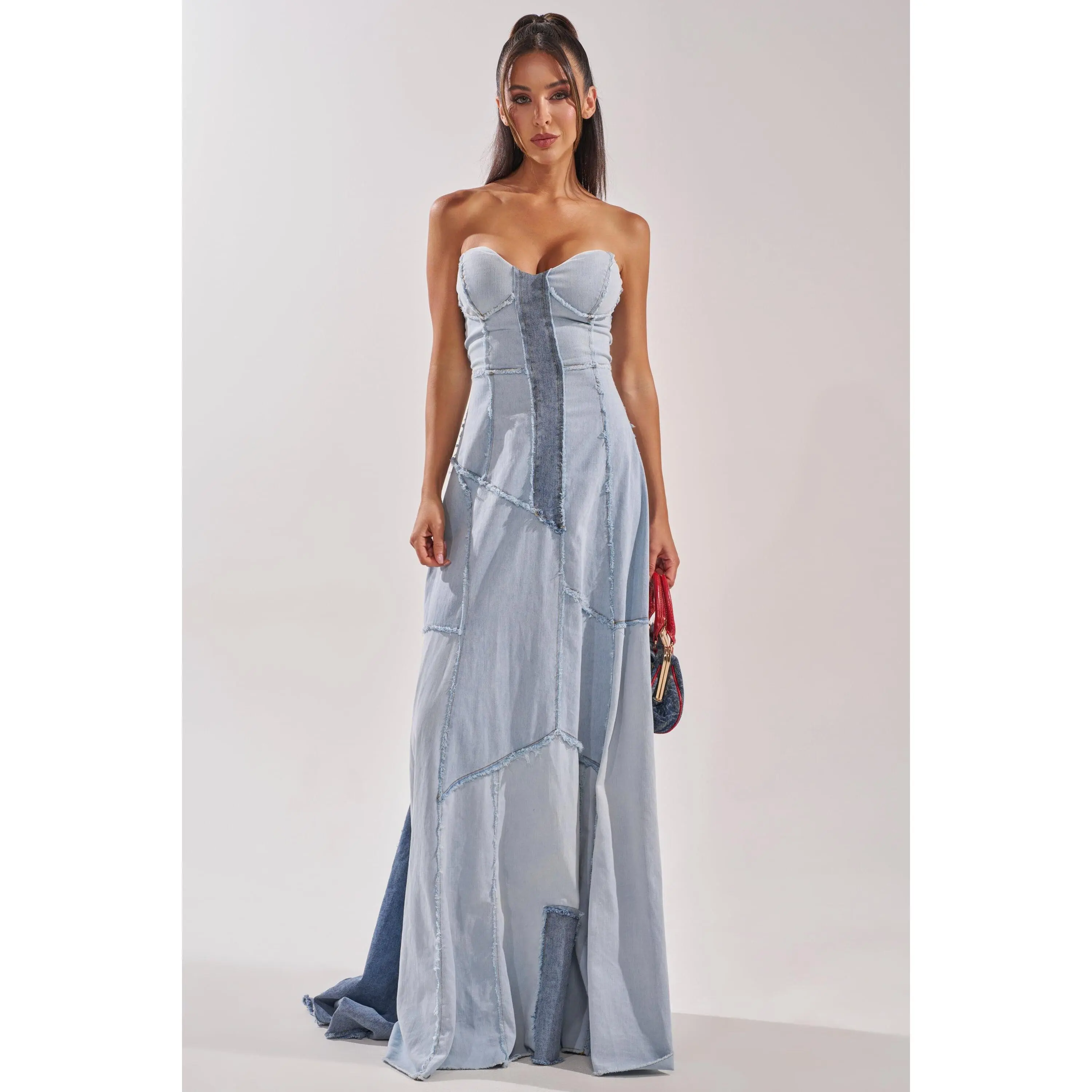 patchwork denim maxi dress Women Summer Vintage Patchwork O-Neck Denim Maxi Dress