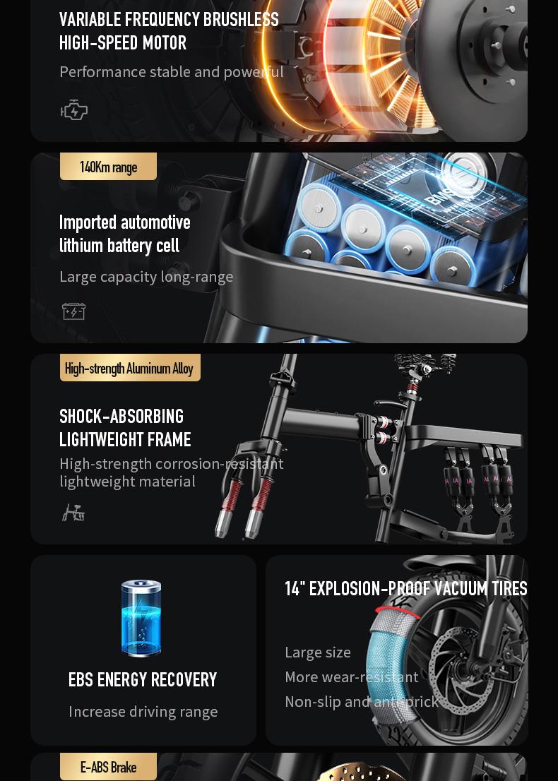 Electric Folding Bicycle 500W Motor 14-Inch Tires 48V 15Ah Battery 30-Mile Range Certified Shock Absorption Smart Urban Bike 1000W Peak Power 100KM Range Foldable with 16-Level Shock Absorption System Commuter Ebike Suspension Ebike - Brakes