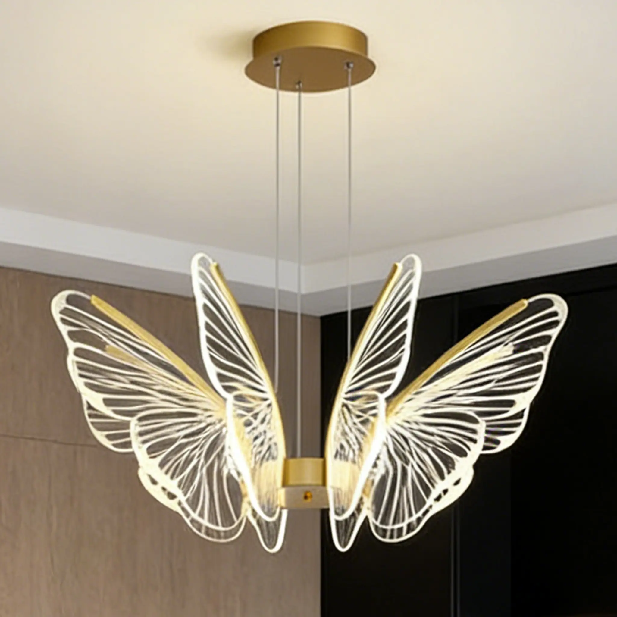 Modern Gold Butterfly Chandelier, Home Lighting Aesthetic Chandeliers, Built-in 3-Color LED Acrylic Adjustable Pendant Ceiling Lamp, 74cm Diameter 100cm Height for Dining, Living Room Home Decor