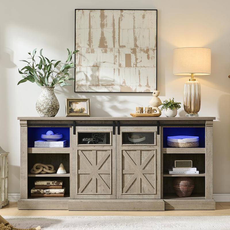 Fireplace TV Stand for up to 80 Inch TVs, 32’’ Tall LED Entertainment Center with Electric Fireplace, Farmhouse TV Console Table w/Sliding Barn Door & Window for Living Room, Rustic Gery