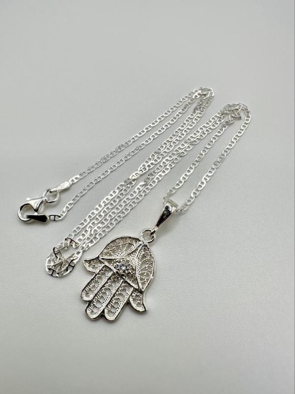 Hamsa Hand of Fatima with Evil Eye  925 Sterling Silver Pendant with 20” Marine Chain — Symbol of Protection & Good Energy