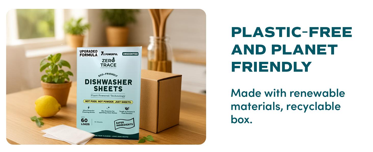 Zero Trace Eco-Friendly Dishwasher Detergent Sheets Unscented - 38 Plant-Based Sheets for Efficient Cleaning & Eco-Friendly Home Care - Ultra Concentrated PROTECH Formula - No Residue, Non-Toxic, Plastic-Free Packaging - Household