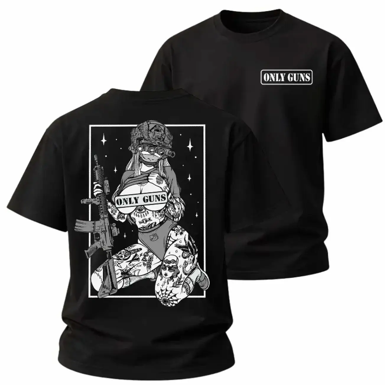 Only Guns Tactical T-Shirt, Female Night Vision Operator Rifle Graphic Tee, Edgy Gun Culture Humor Shirt for Range Fans, Veterans, Tactical Gear Lovers, Shooters and Bold Military Streetwear SU4