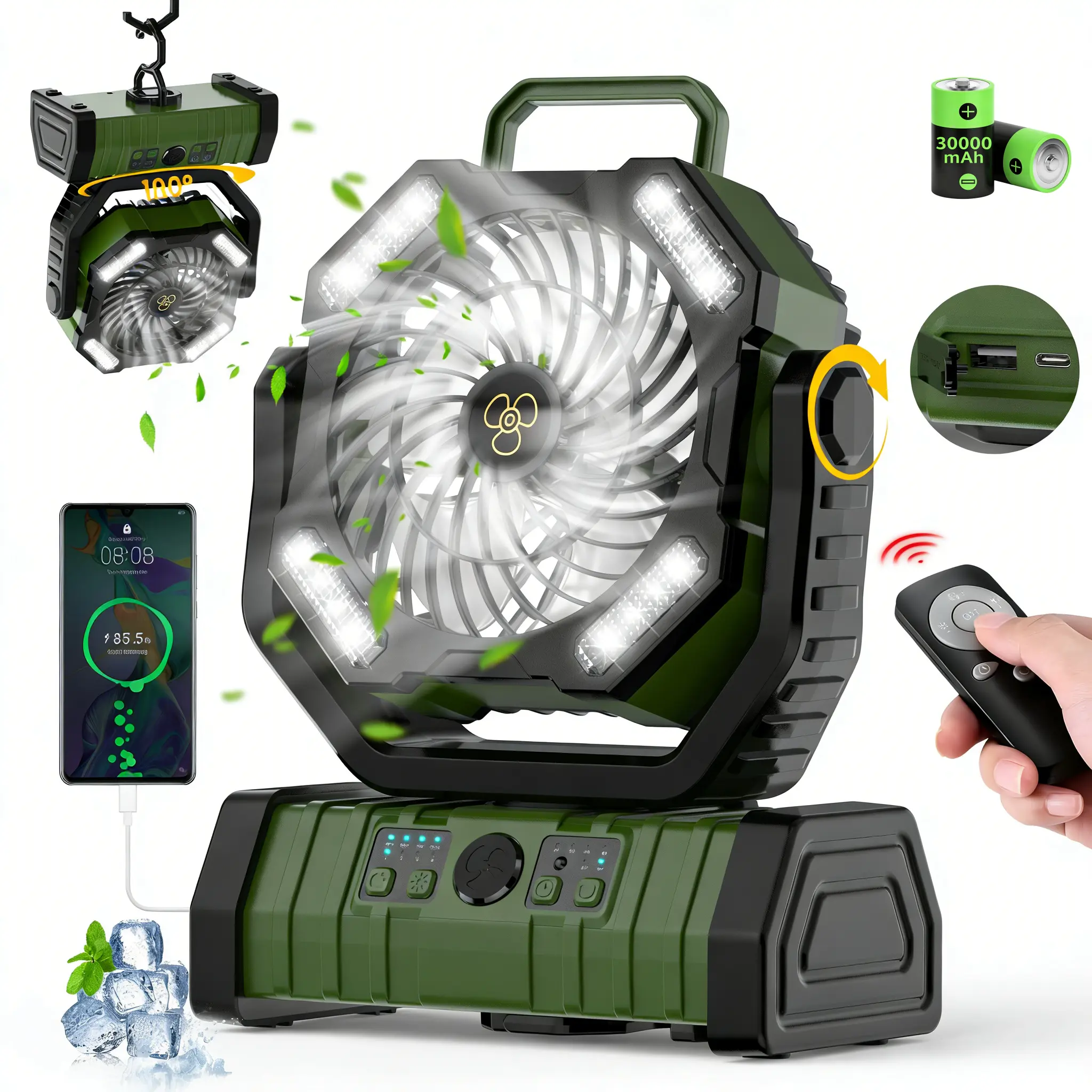 30000mAh Battery Operated Fan with LED Lantern & Power Bank, 270° Auto-Oscillating Rechargeable Fan, High-Velocity Quiet Portable Fan for Soccer Mom, Jobsite, Golf Cart, Mowing, Patio BBQ, Hurricane Emergency Survival Gear, Father's Day Gifts