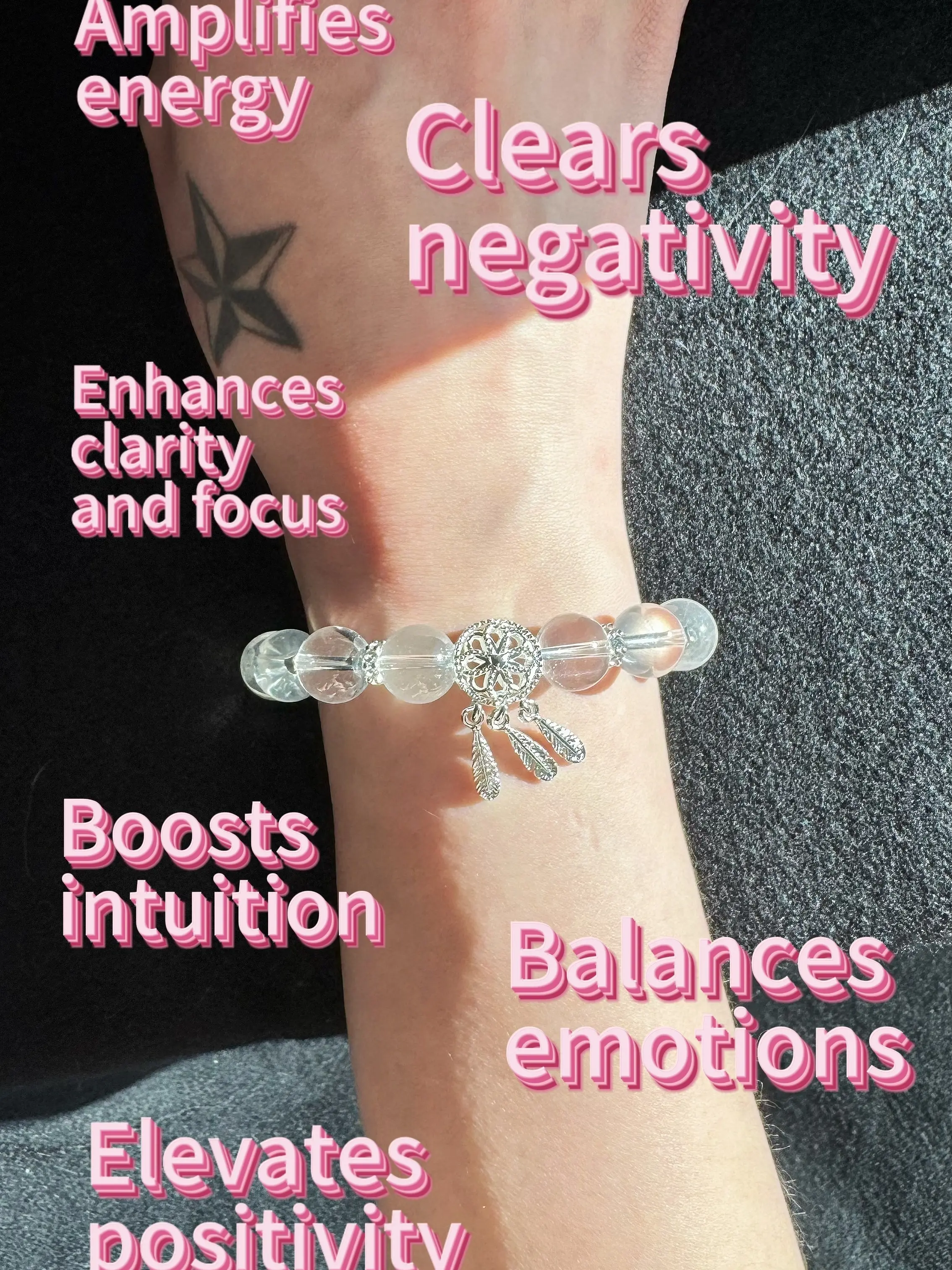 "12mm Clear Quartz Bracelet with Sleek  Silver Dreamcatcher – Clarity,  Protection, and Ethereal Elegance"
