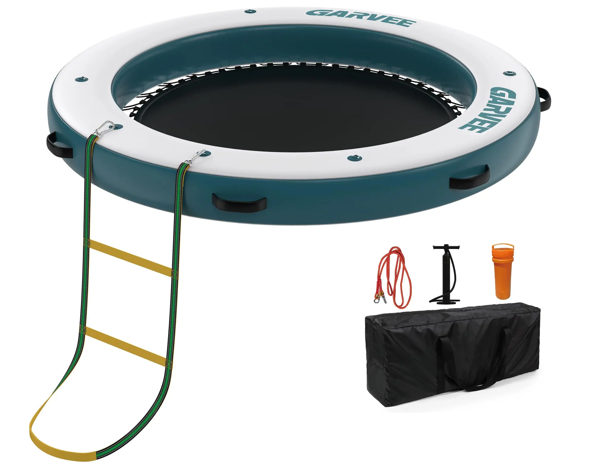 GARVEE Round Inflatable Floating Dock (8x8FT) with Inflatable Setup, Mesh Swim Area, Non-Slip EVA Platform, Rope Ladder for Multiple Users – Ideal for Pool, Beach
