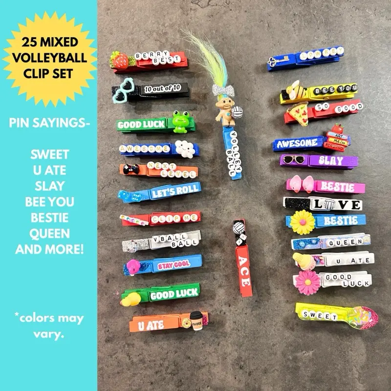 25 Mixed backpack volleyball clip bundle - Handmade Wooden Clothes Pins perfect for clipping backpack at your next tournament , game or practice .
