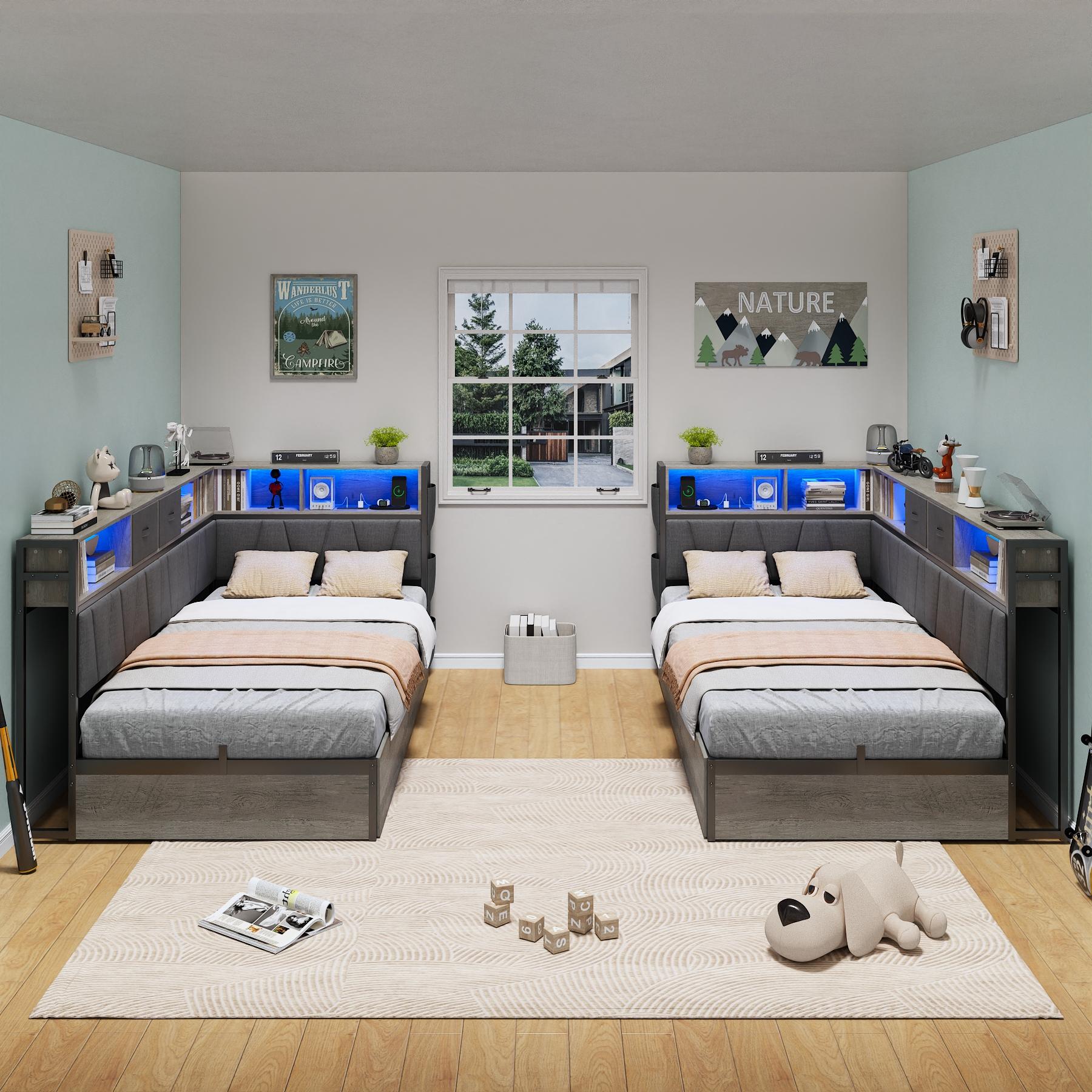 CollaredEagle Twin XL Corner Bed Frame with Storage Bookcase, Kids Bed Unit with Charging Station and LED Light, Twin Size Platform Beds with Storage and Charging Station, with 2 Underneath Drawers