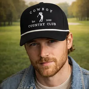 Cowboy Country Club Embroidered Golf Hat Black Rope Trucker Cap, Vintage Country Club Baseball Hat Adjustable, Stylish Golf Cowboy Hat