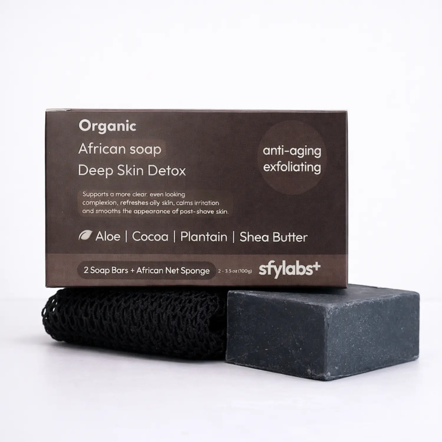 Clarifying African Black Soap | Deep Pore Cleanse + Oil Balance | Clear, Refreshed Skin | All Skin Types | 2x 100g Bars Of Soap + Loofah Bundle