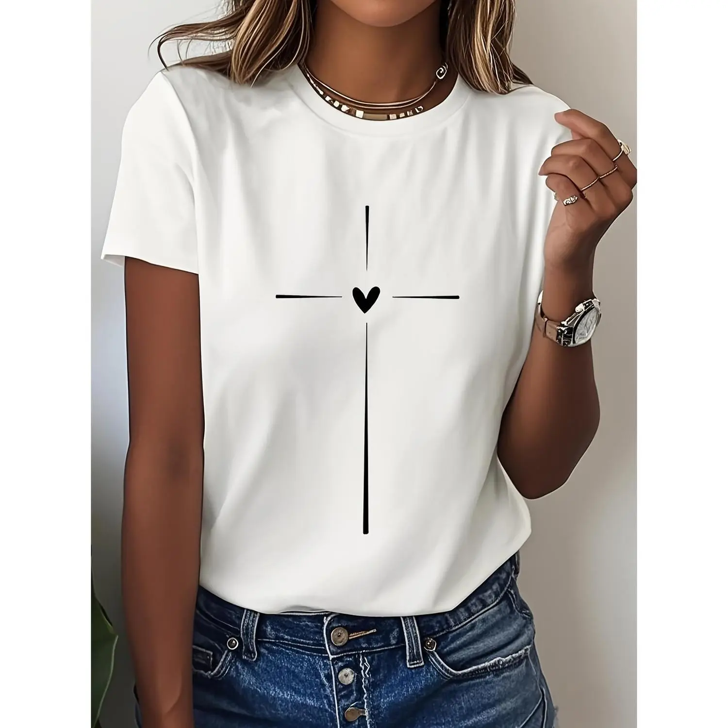 Cross Love Printed Casual Round Neck Short Sleeved T-Shirt for Women 100% Cotton Soft Comfy Tops Outfits for Spring Summer Clothes Polo Womenswear Curvy Minimalist graphic tee