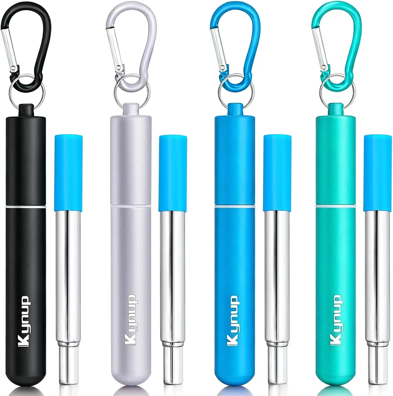 4Packs Reusable Straws, Metal Straw with Silicon, Travel Drinking Straws with Case, Keychain, Cleaning Brushes, Silicon Pcs Perfect for Travel, Gifts (20 PCS) Blue-Black-Silver-Turquoise