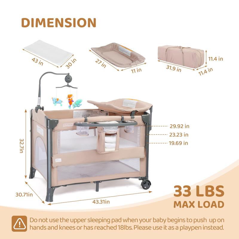 JOYMOR Baby Bedside Bassinet, Baby Bassinet, Pack n Play Convert Playpen, Quick Foldable Travel Bed with Toy, Wheels & Brake, Carry Bag for Boys Girls