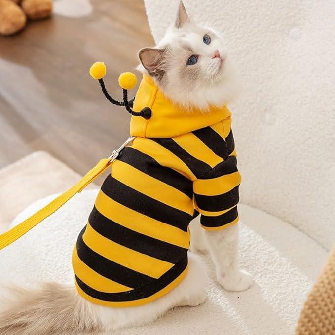 【Pet Supplies】Selena Cat Bee Antennae Hoodie Costume Dogs Cats Apparel Cute Stripe Outfit Medium Size Soft Fabric Keep Pets Warm Fun Dress Up Party Gift