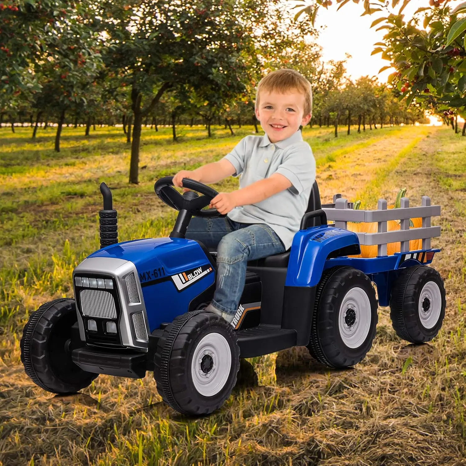 Gaomon 12V Kids Electric Tractor with Trailer, Remote Control, 7 LED Lights, MP3 Player, EVA Tires, Blue Foot Pedal, Music, Steering Wheel