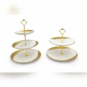 Title  Elegant 2-Tier / 3-Tier Ceramic Dessert Stand with Gold Rim | Cake & Pastry Display