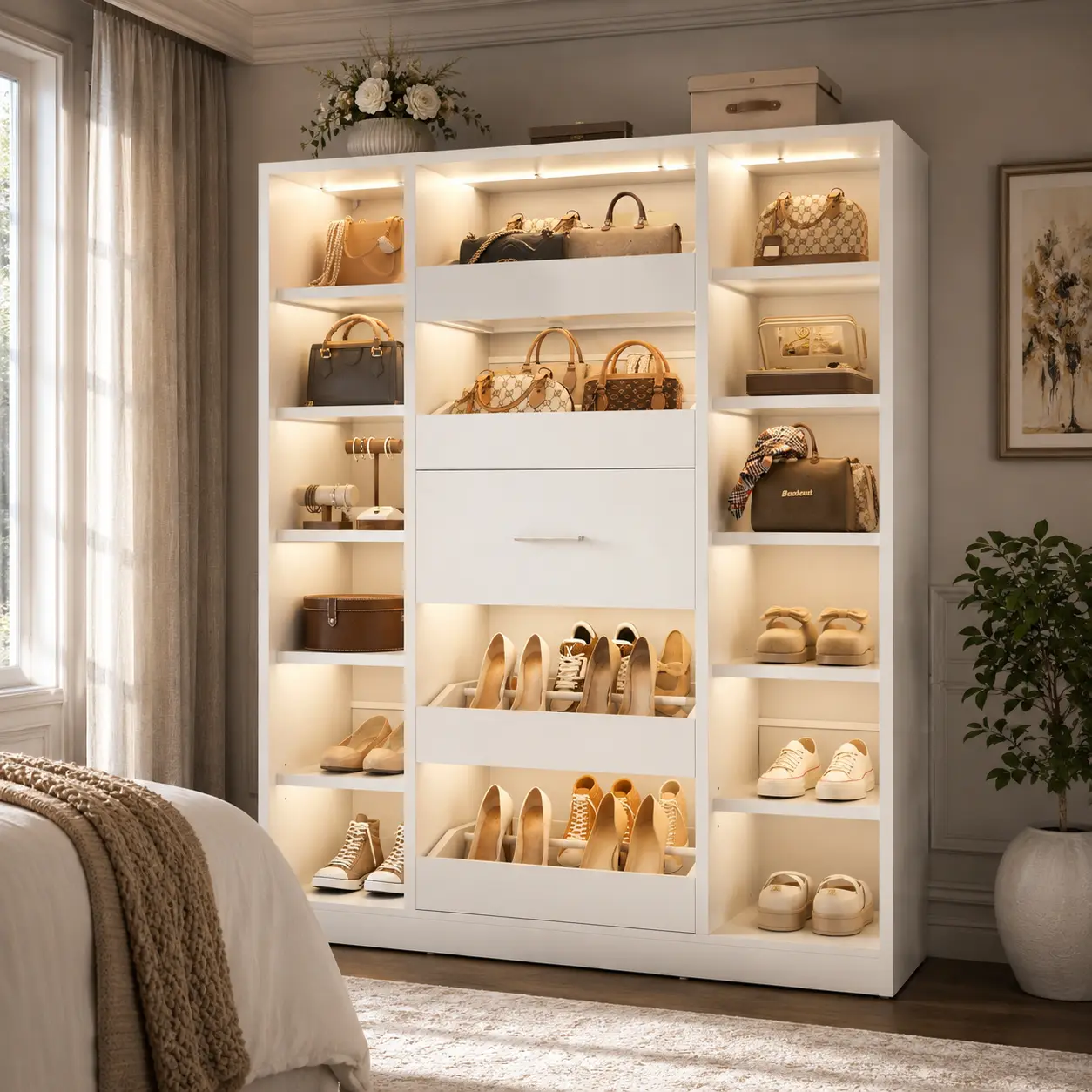 Cyclysio Stable 40"W Rectangular Freestanding Closet Organizer - Smart RGB LED Lights, Modern Wood Dresser with 5 Drawers & 12 Shelves, Drawers and Cabinets for Room Storage, Requires Assembly, Hybrid