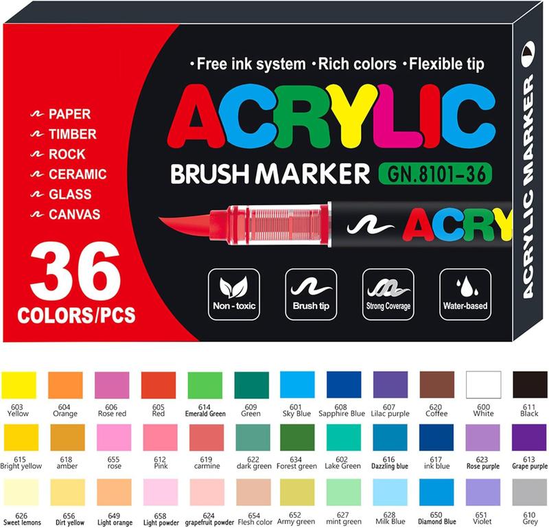 Acrylic Paint Markers, Soft Brush Tip Pens and Markers, Acrylic Paint Pens for Wood, Stone, Canvas, Glass, Fabric, Egg, Rock Painting and DIY Crafts Art Supplies (36)