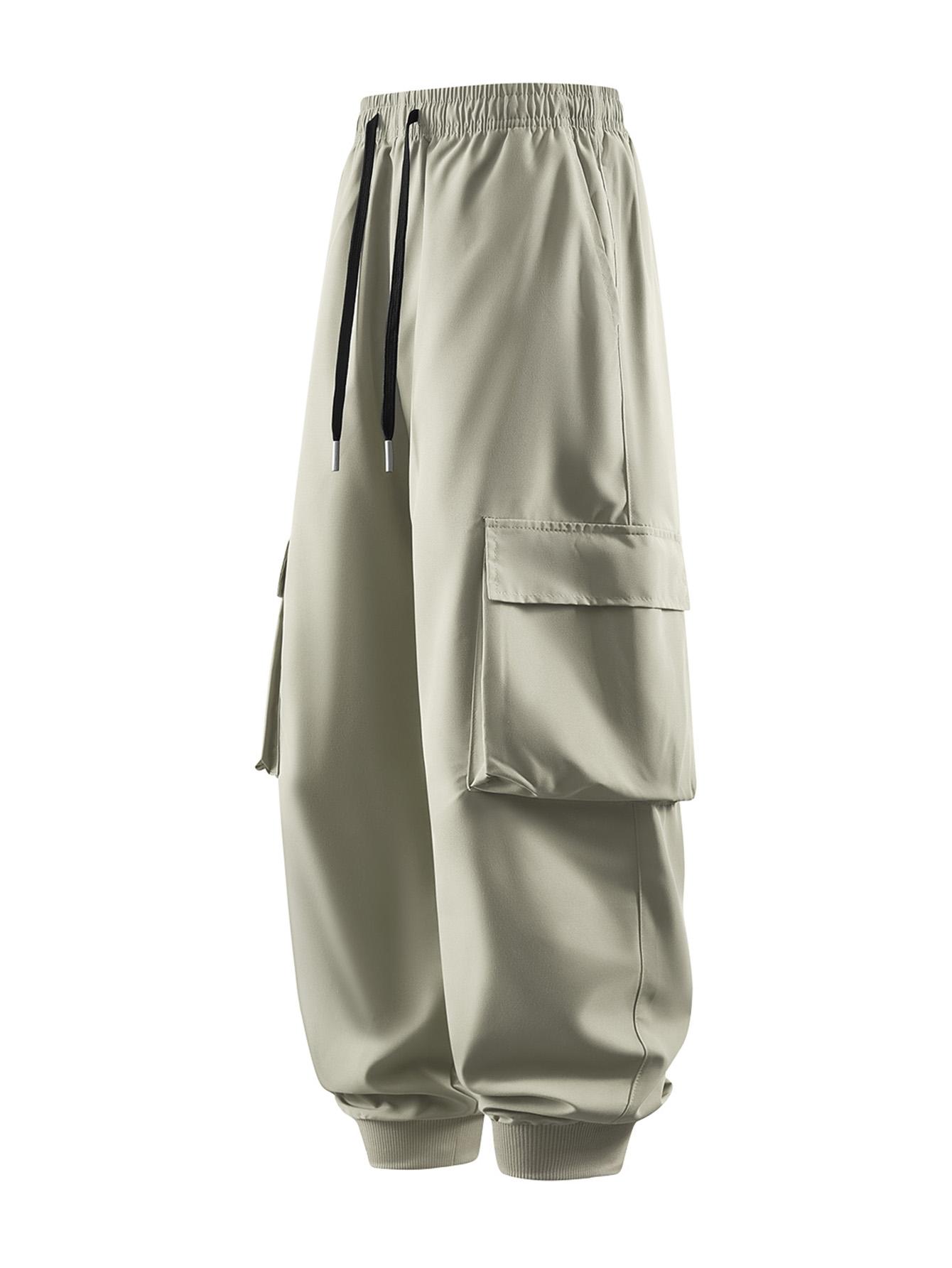 CCCMAI Men's Casual Solid Color Sports Pants, Casual Work Pants with Multiple Flap Pockets, Drawstring Waistband, Lightweight, Soft, Polyester, Outdoor Work Pants, Running Pants with Pockets, 100% Polyester Fiber, Non-Stretch Menswear