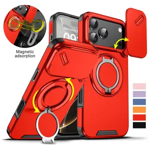 Shockproof Magnetic Case For iPhone 17 Pro Max 17 Air 16/15/14/13 Pro Max with Slide Camera Lens Protector & Rotating Ring Holder