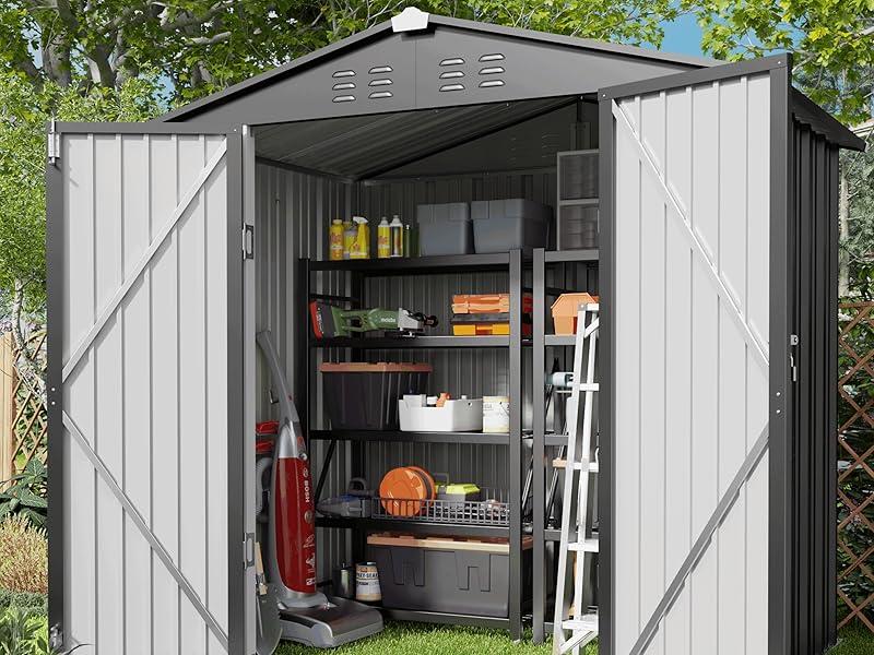 【2 Packages Shipping】Gizoon Outdoor Storage Shed 6 x 4 FT, Galvanized Metal Garden Shed with Double Lockable Doors, Outdoor Storage Clearance for Backyard Patio Lawn-Dark Grey