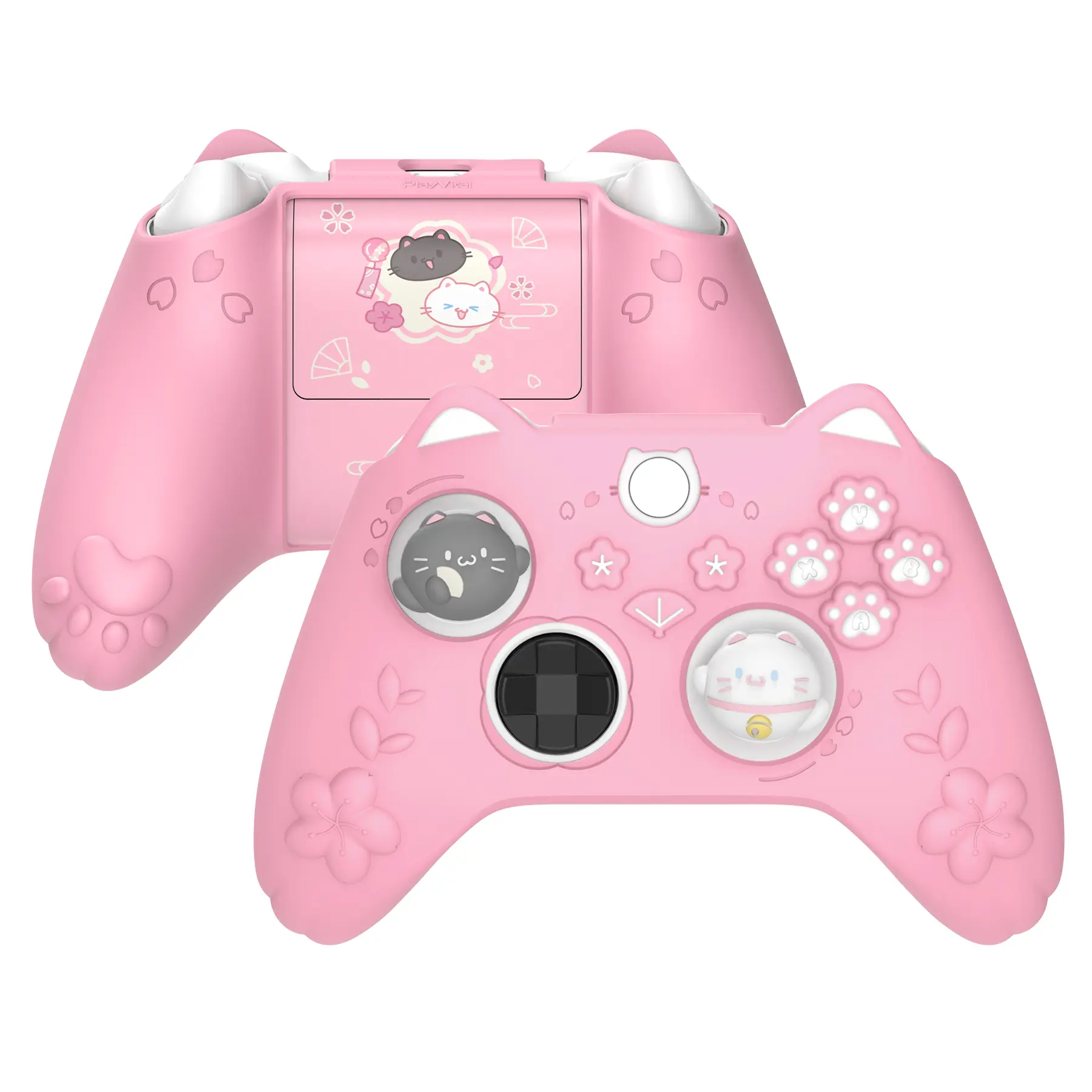 PlayVital Cute Silicone Controller Skin for Xbox Series X/S - Cherry Blossoms Kitten Anti-slip Grip Protector W/Thumb Grips & Sticker - Soft Rubber Cover for Xbox Core Wireless Controller - Pink