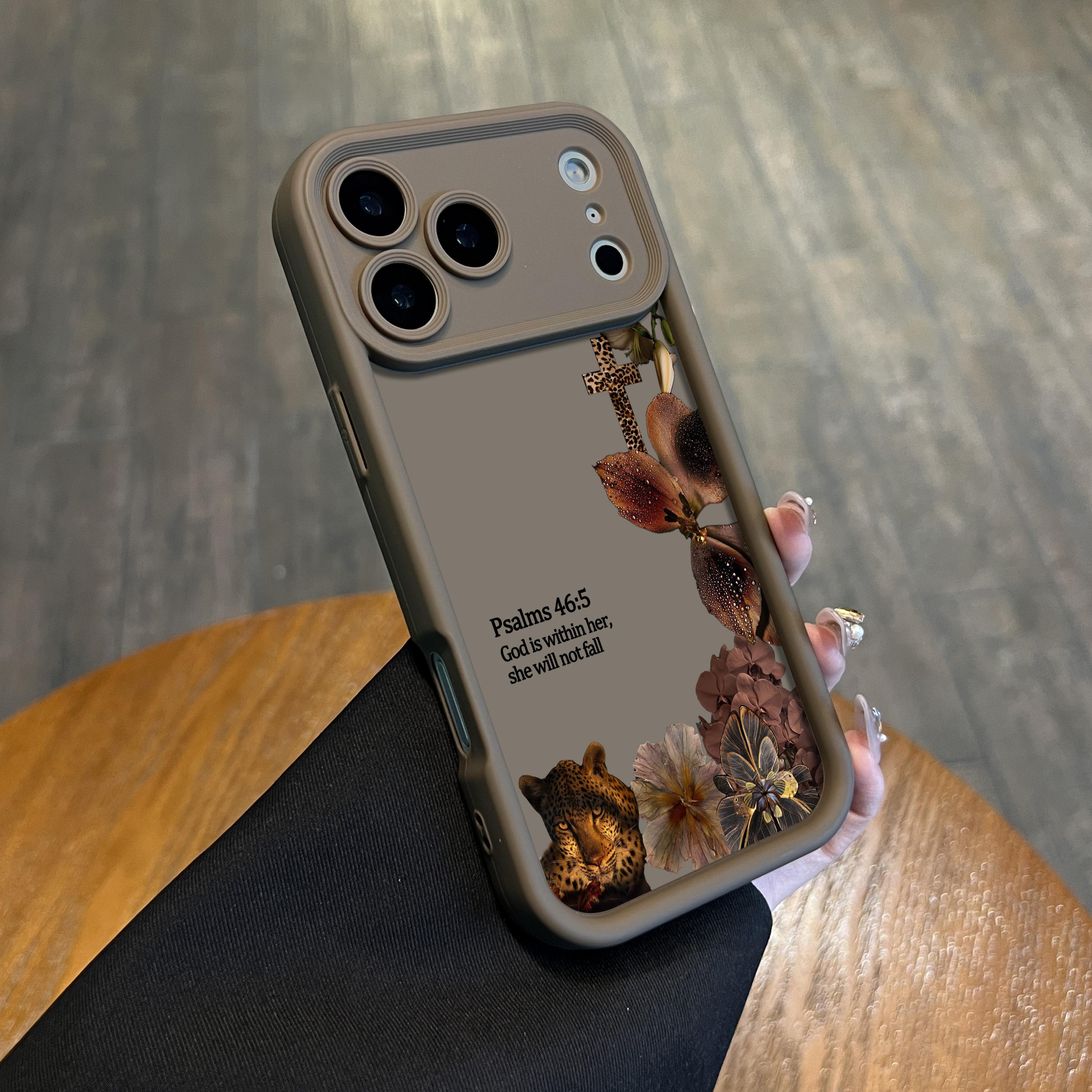 Aesthetic Leopard Print Bible Verse Phone Case for iPhone Samsung 17Pro Max Air 16 15Plus 14 13 12 11 XR XS Galaxy S25 S24 S23 S22 A71 A56 A55 A54 A53 A52 with Wrist Strap Lanyard Psalms 46 5 Christian Religious Faith Gift Shockproof Protective Case.NN109