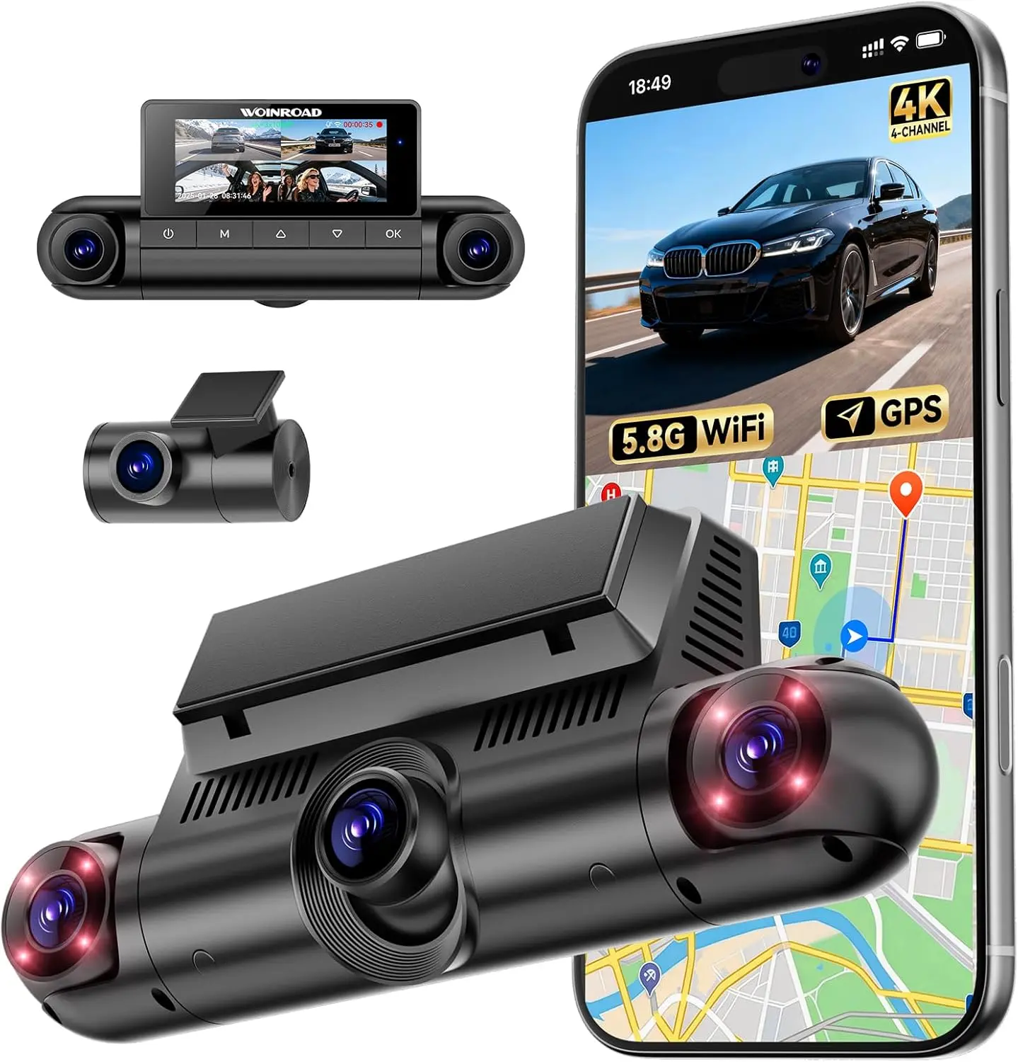 4K+3x1080P 4 Channel Dash Cam, 360° All-Around ViewDash Camera for Cars, Free 128GB Card Included, Built-inGPS, 2.4GHz Wi-Fi & App, 8 IR Night Vision, G-Sensor, 24HParking Mode(Supports 256GB Max)