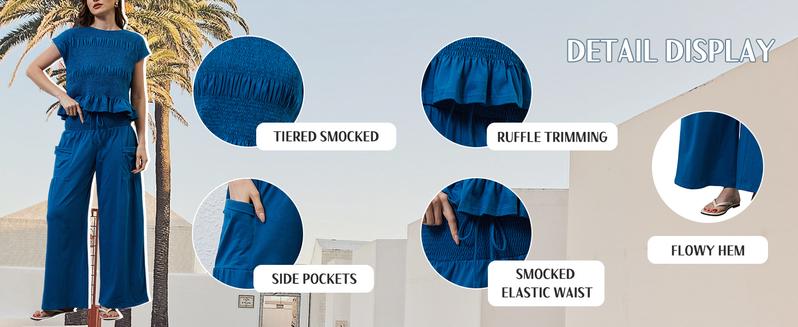 Yeokou Women’s  2-Piece Smocked Top & Wide-Leg Pants Set–High-Waisted Lounge Teacher's Outfit with Pockets Casual Boho Matching Set