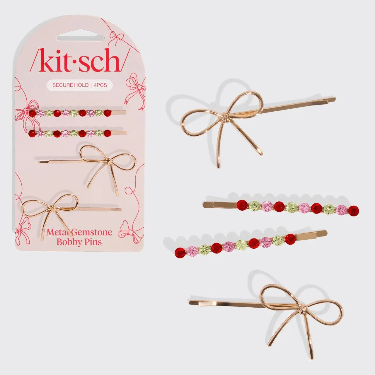 Metal Gemstone and Bow Bobby Pins 4pc Set - Red, Pink, & Green
