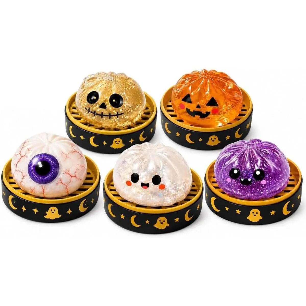 5pcs Halloween Pumpkin Silicone Gel Stress Balls - Slow Rise Glitter Dumpling Squishies Toys, Spooky Decor, Adult Anxiety Relief Fidget Toys